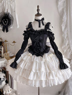 Flower Marriage Sweet Girlfriend Elegant Princess OP White with Black Long Sleeve Cake Lolita Dress
