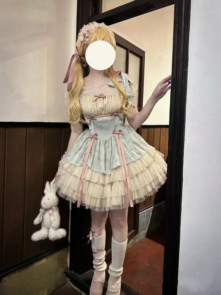 Hime Lolita Flower Short Spring and Summer Bullet Style Cake Princess Dress