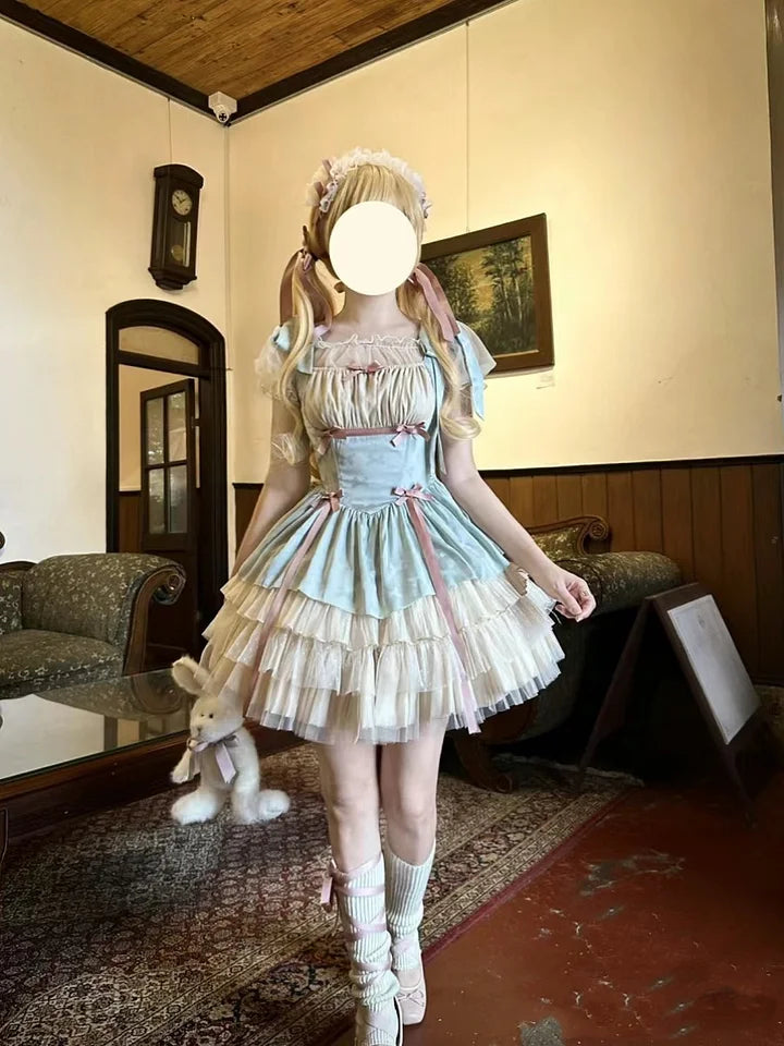 Hime Lolita Flower Short Spring and Summer Bullet Style Cake Princess Dress