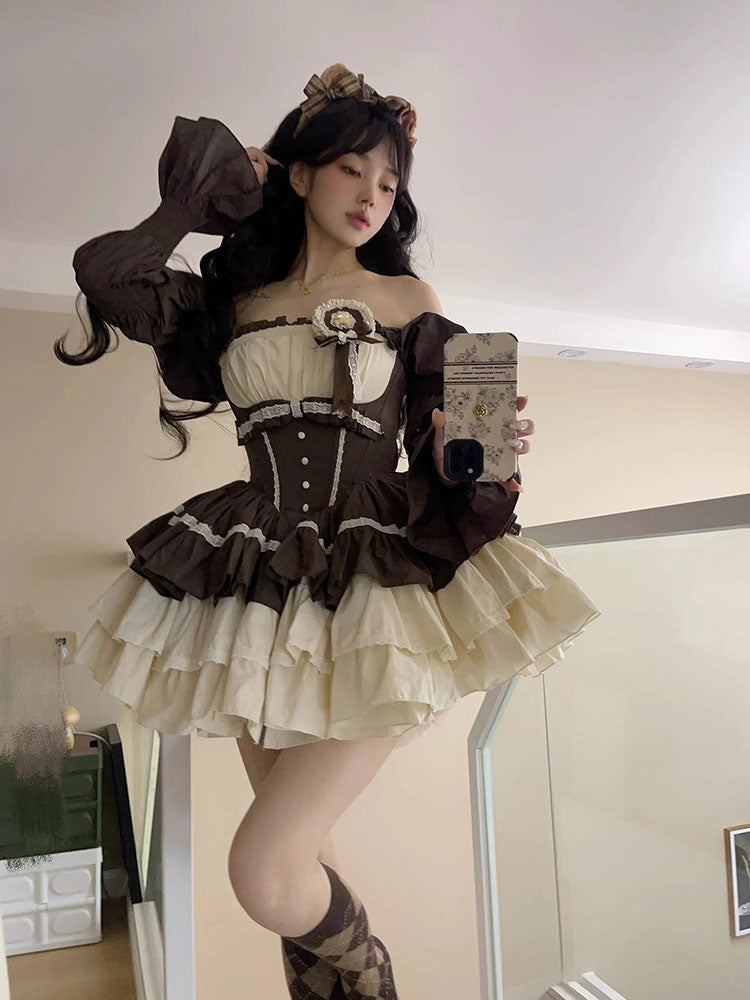 French Sweet Lolita Bubble JSK Sleeve Fungus Edge Lolita Tutu Female Ballet Waist Long Sleeve Princess Dress