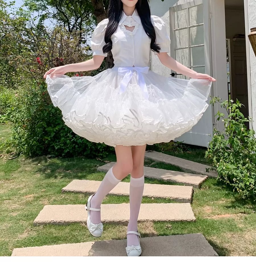 Lolita Petticoats Full White Bow Ruffles Gauze Gown Crinoline Daily Daily Wear