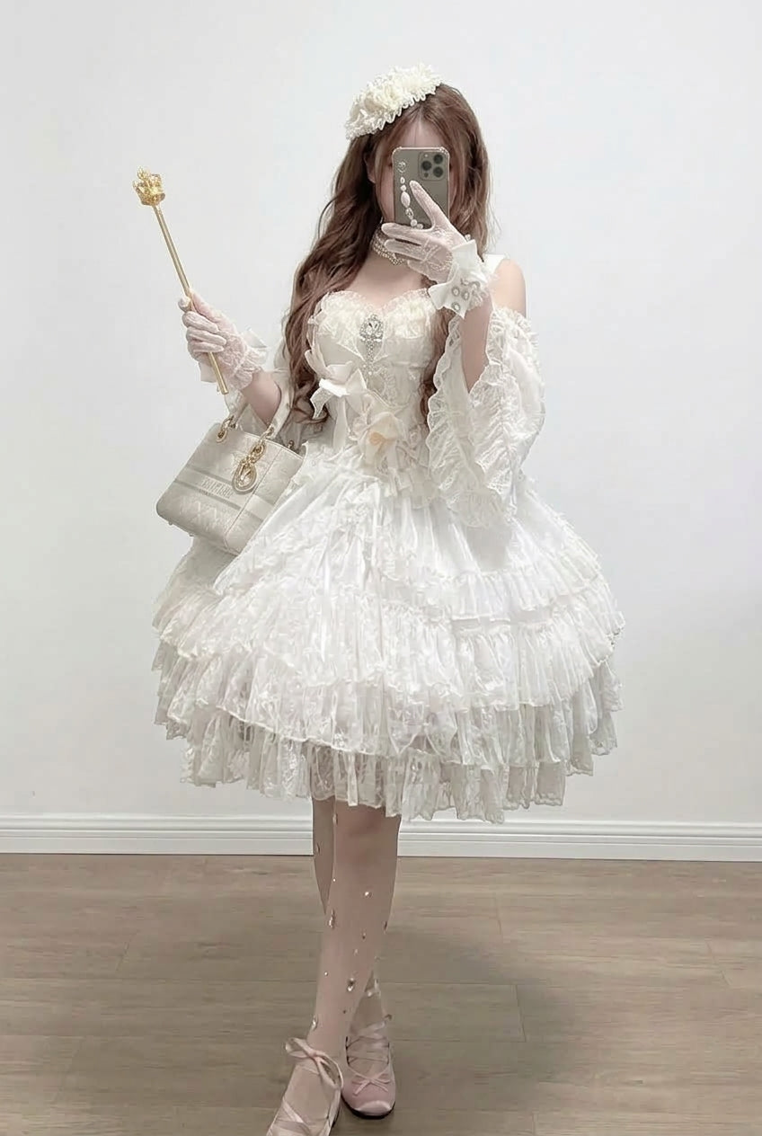 Princess Off Shoulder Multi-Layered Ruffle Bowknot Lace Sweet Elegant Lolita Strapless Dress