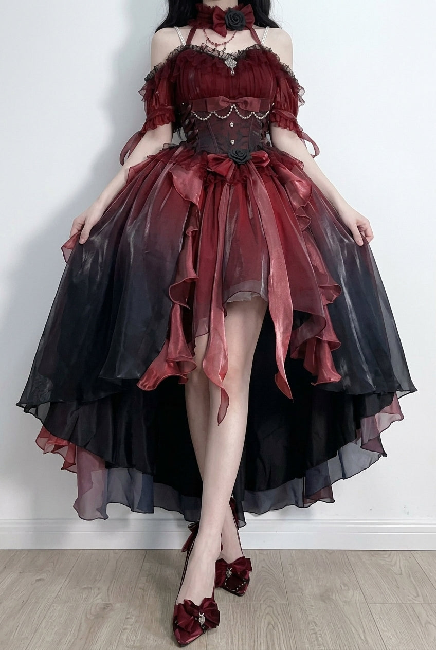 Red/Black Bowknot Irregular Gothic Princess Lolita Jsk Dress