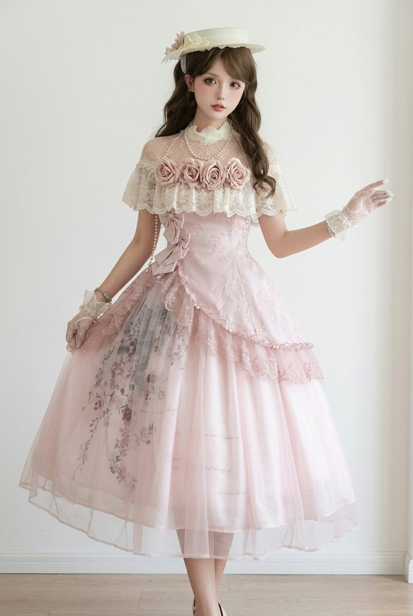 Pink Floral Mesh Lace Ruffled Rose Sweet Princess Vintage Lolita Dress