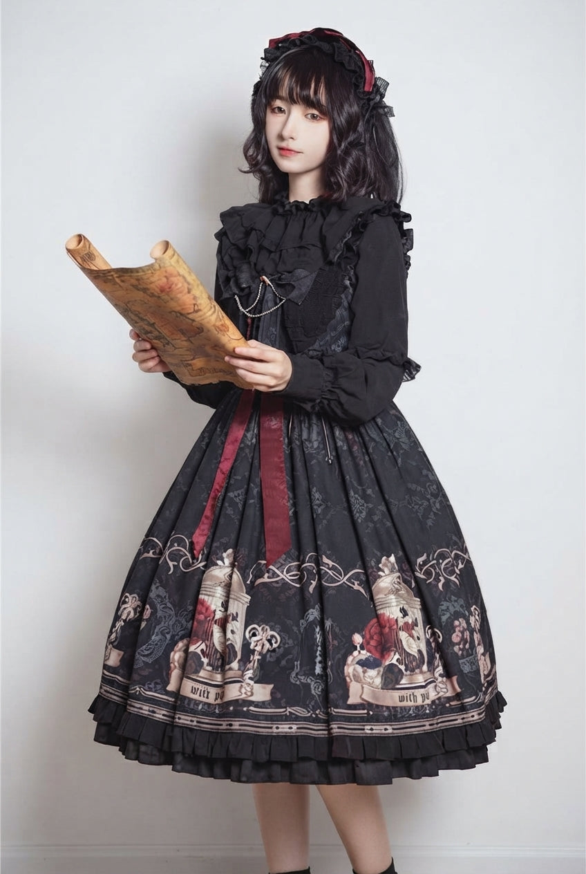 Black Nightingale Rose Print Bowknot Ruffled Strapless Gothic Lolita JSK Dress