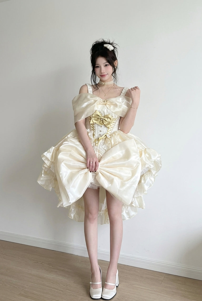 Champagne Beige Corset Layered Ruffled High-Low Large Bow Sweet Princess Lolita JSK Dress