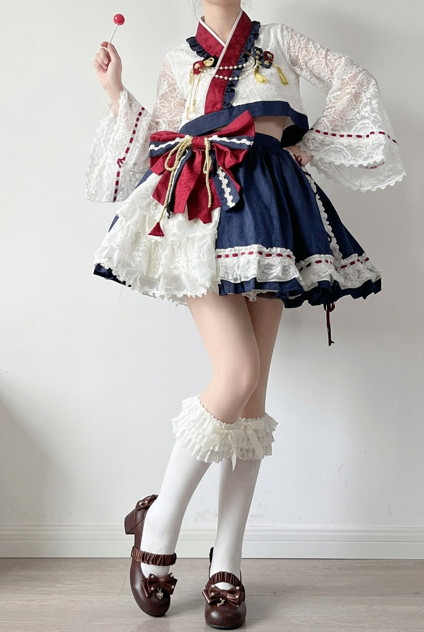 Red/White/Blue Hime Sleeves Ruffle Bowknot Japanese Princess Sweet Lolita Dress Skirt Set