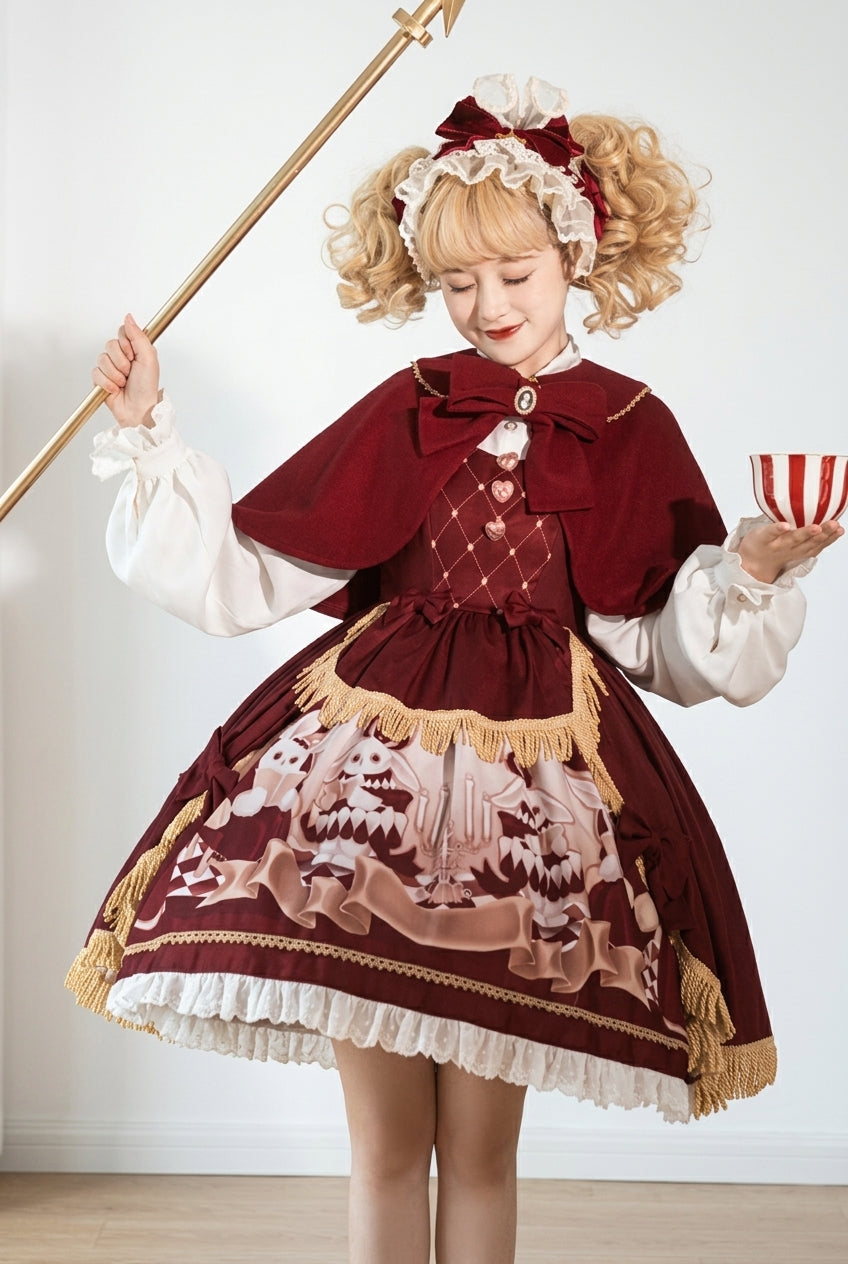 Red Doll Collar Bunny Reading Club Print Ruffle Lace Fake Two Pieces Sweet Princess Lolita Dress