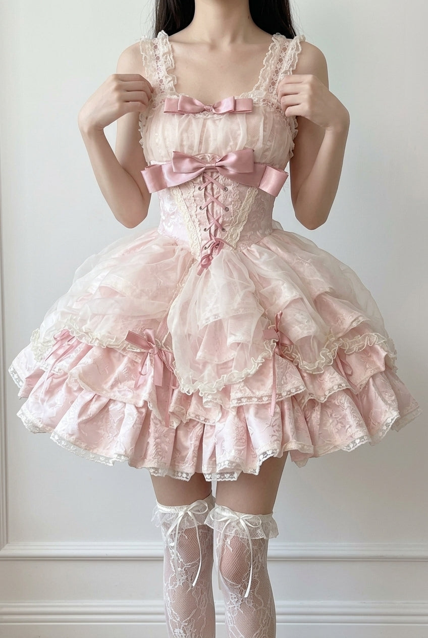 Pink Sleeveless Multi-layer Ruffle Bowknot Lace-Up Sweet Princess Lolita Jsk Dress