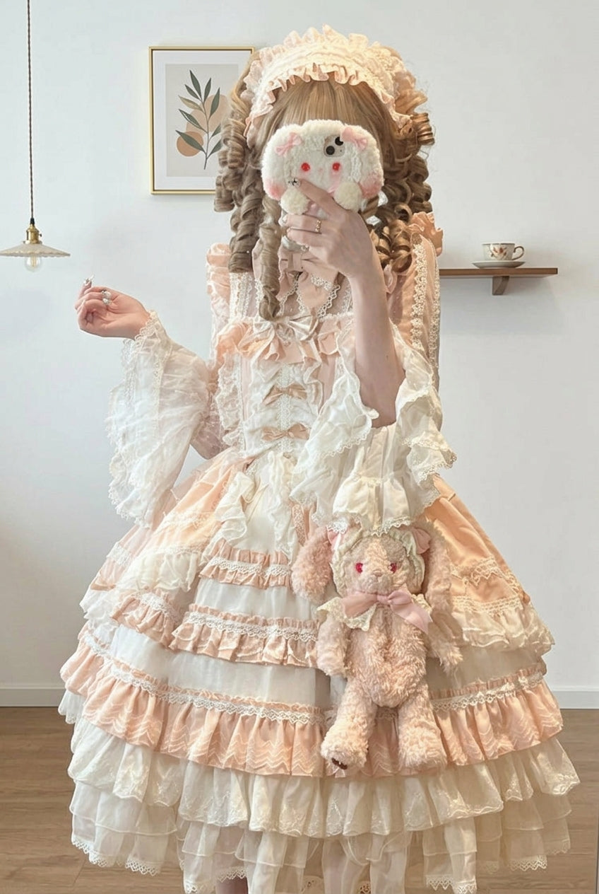 Pink Long Sleeves Multi-Layered Ruffle Bowknot Lace Sweet Lolita Dress