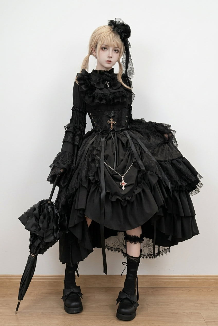 Black Eternal Taboo Long Hime Sleeves Ruffled Bow Gothic Lolita Skirt Dress Set