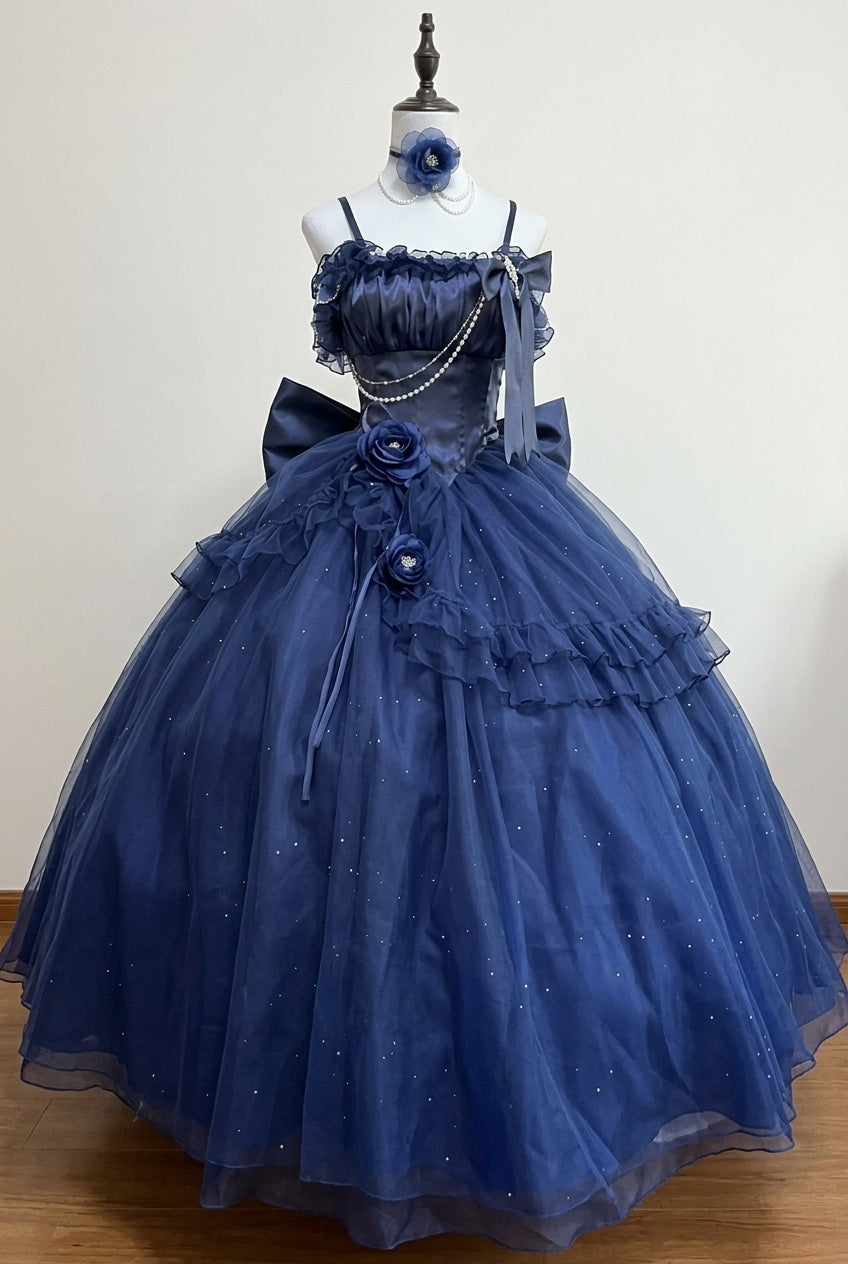 Blue Bright Stars Off Shoulder Ruffle Bowknot Asymmetric Sweet Elegant Princess Lolita Dress