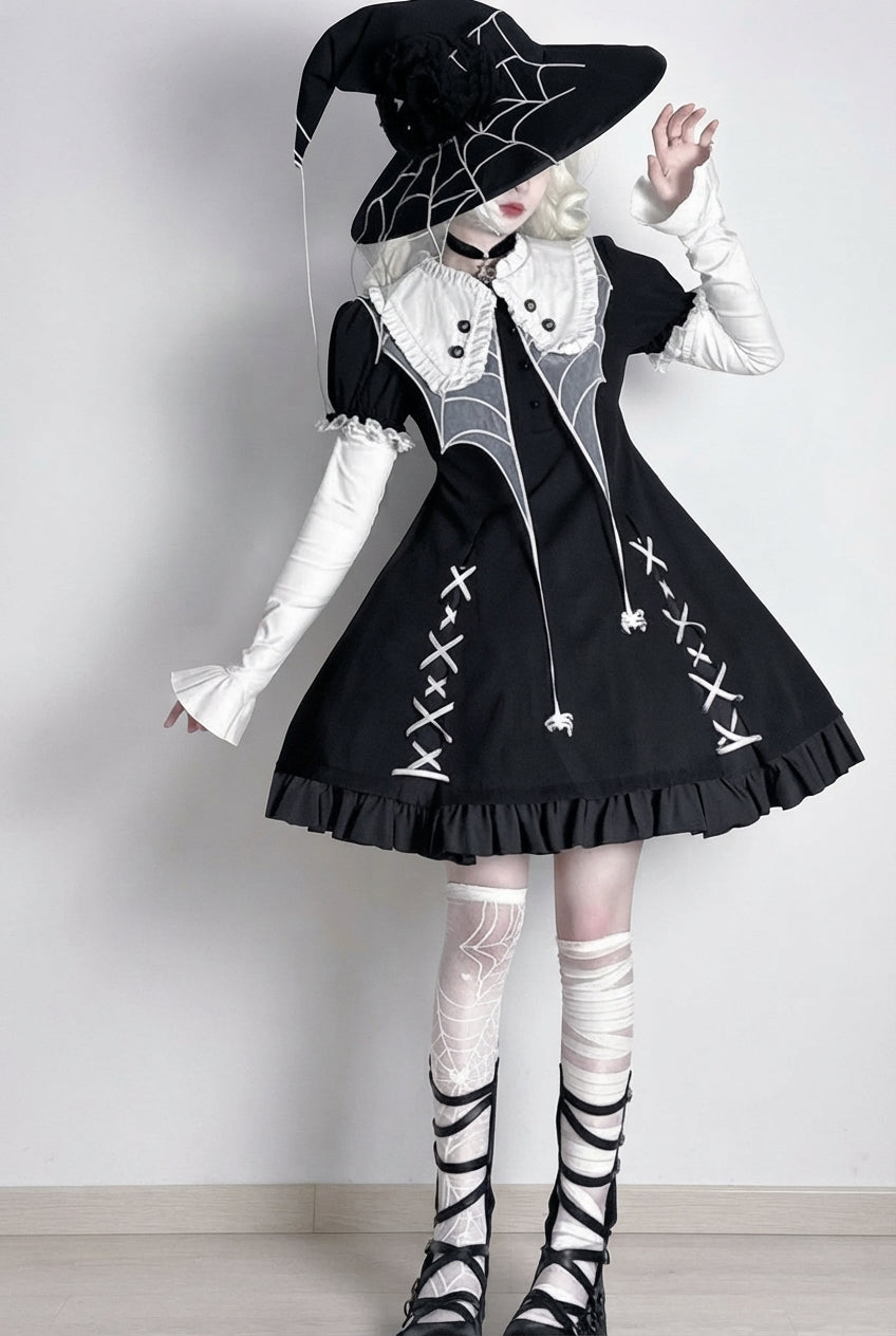 Black Short Sleeves Spider Witch Print Ruffle Gothic Lolita Dress