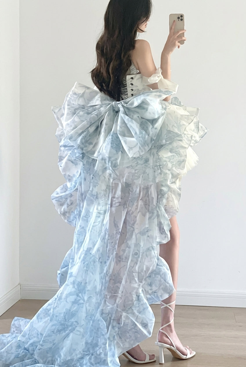 Light Blue Floral Layered Ruffled High-Low Train Bow Sweet Princess Lolita JSK Dress