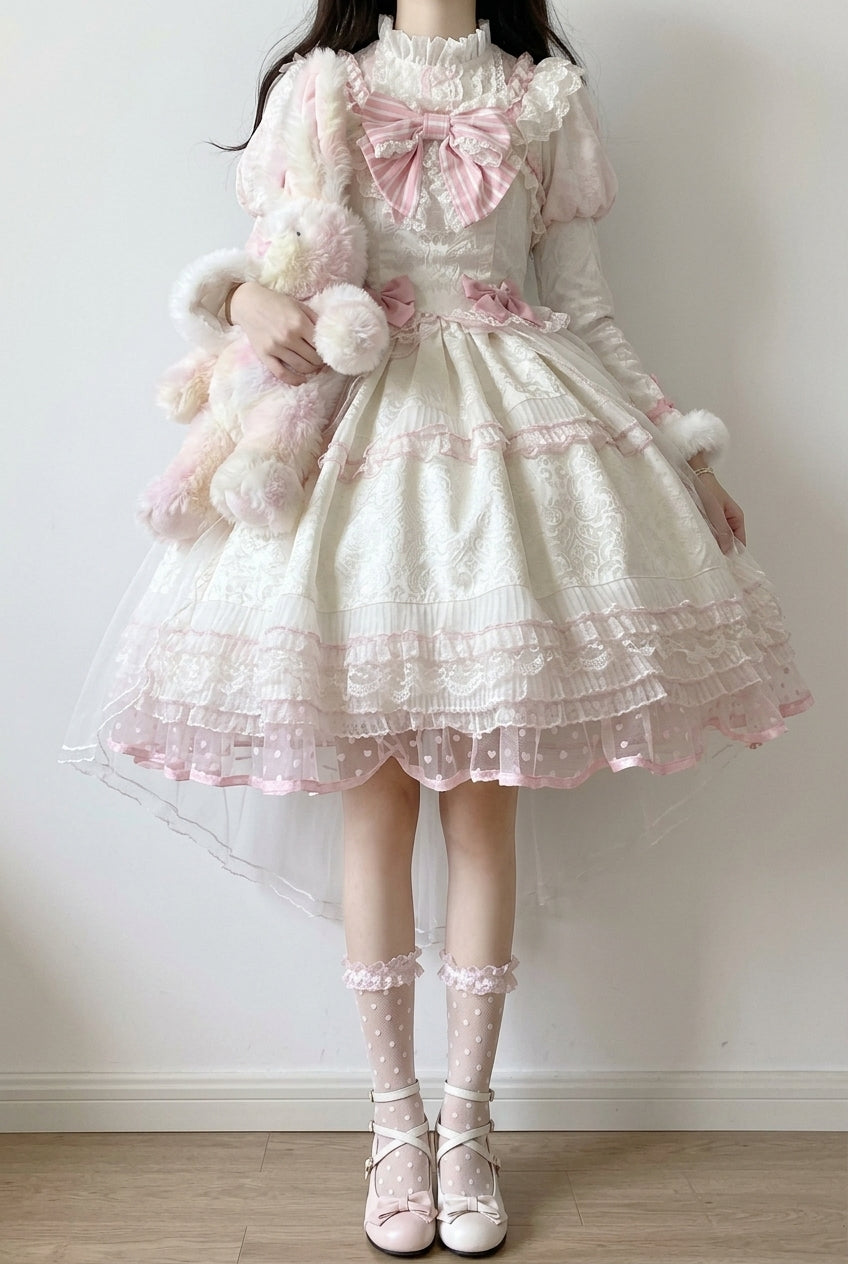 White/Pink Magic Meow Ruffle Bowknot Sweet Princess Lolita Jsk Dress