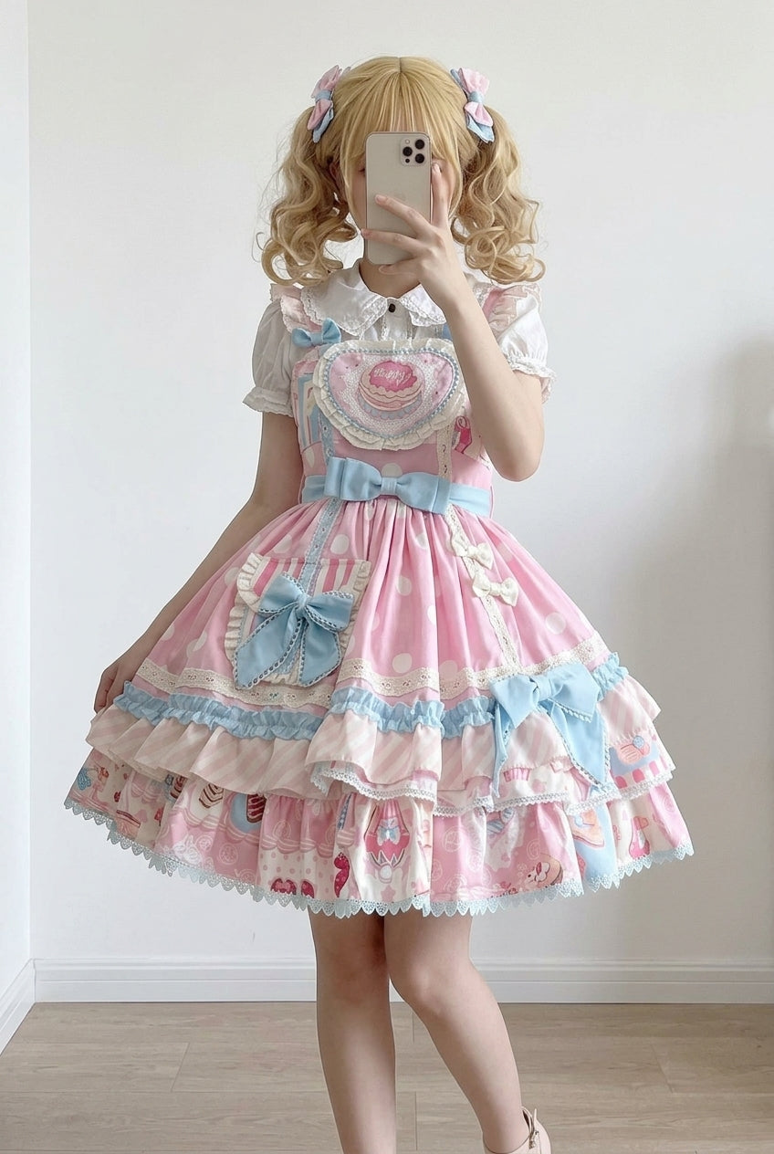 Pink Frosted Sugar Sweetheart Double-Layered Print Ruffle Bowknot Sweet Princess Lolita Jsk Dress