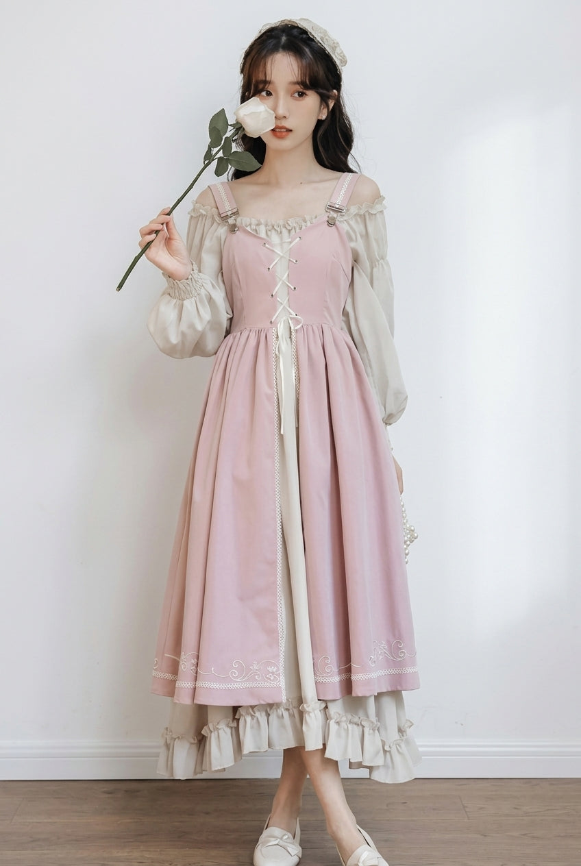 Pink Long Sleeves Ruffle Sweet Elegant Princess Lolita Dress Two Piece Set