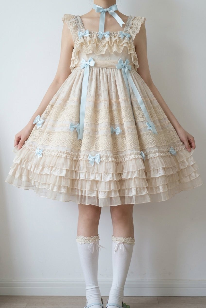 Beige Little Wind Chime Sleeveless Multi-Layered Printed Ruffled Bow Lace Sweet Elegant Princess Lolita Jsk Dress