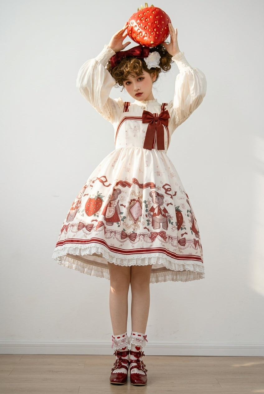 Ivory/Red Strawberry Bear Print Ruffle Bowknot Sweet Princess Lolita Jsk Dress