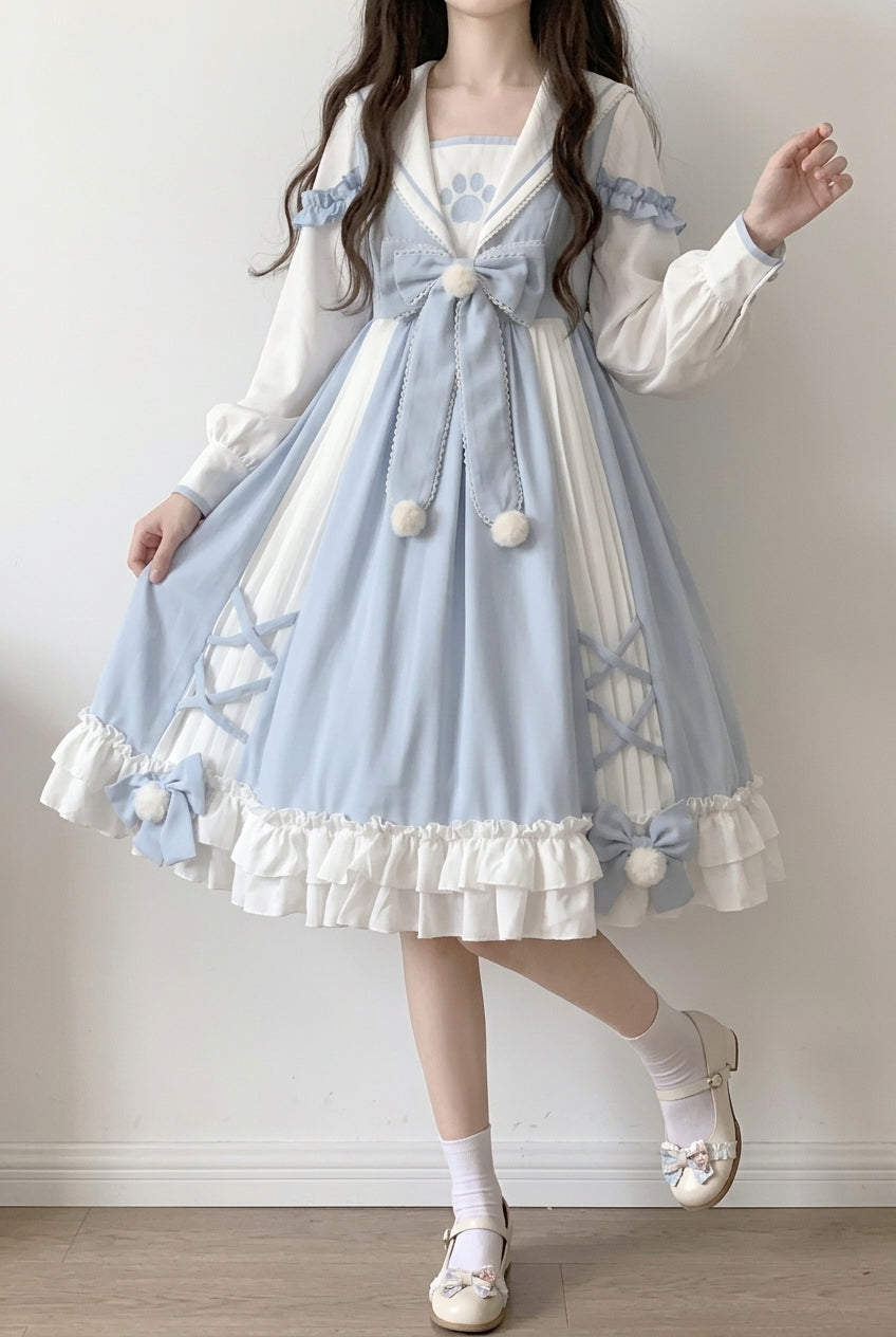 White/Blue Navy Collar Long Sleeves Print Ruffle Bowknot Sweet Princess Lolita Dress