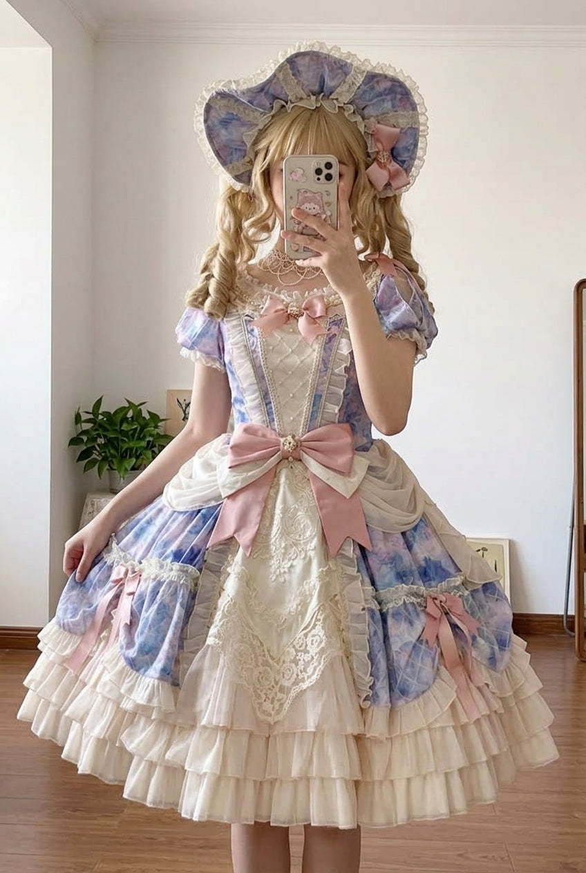 Angel Heart Sky Oil Painting Print Ruffle Cardigan Bowknot Sweet Princess Lolita Dress 3 Colors