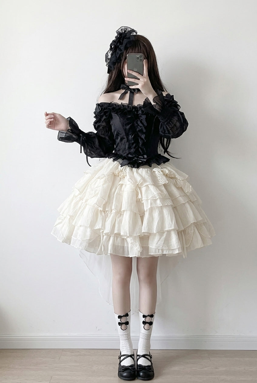 Black Top and Apricot Bowknot Sweet Princess Lolita Layered Skirt Dress