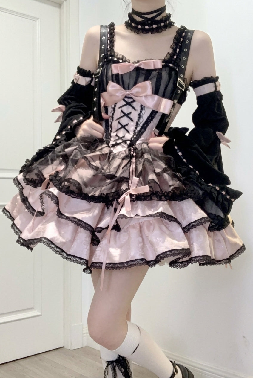 Black/Pink Sleeveless Multi-layer Ruffle Bowknot Lace-Up Gothic Princess Lolita Jsk Dress