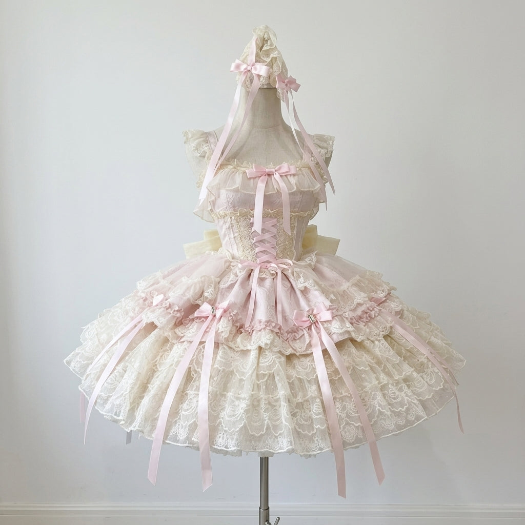 Pink Ribbon Heart Love Sleeveless Multi-Layered Ruffle Bowknot Lace Lace-Up Sweet Princess Ballet Lolita Jsk Dress