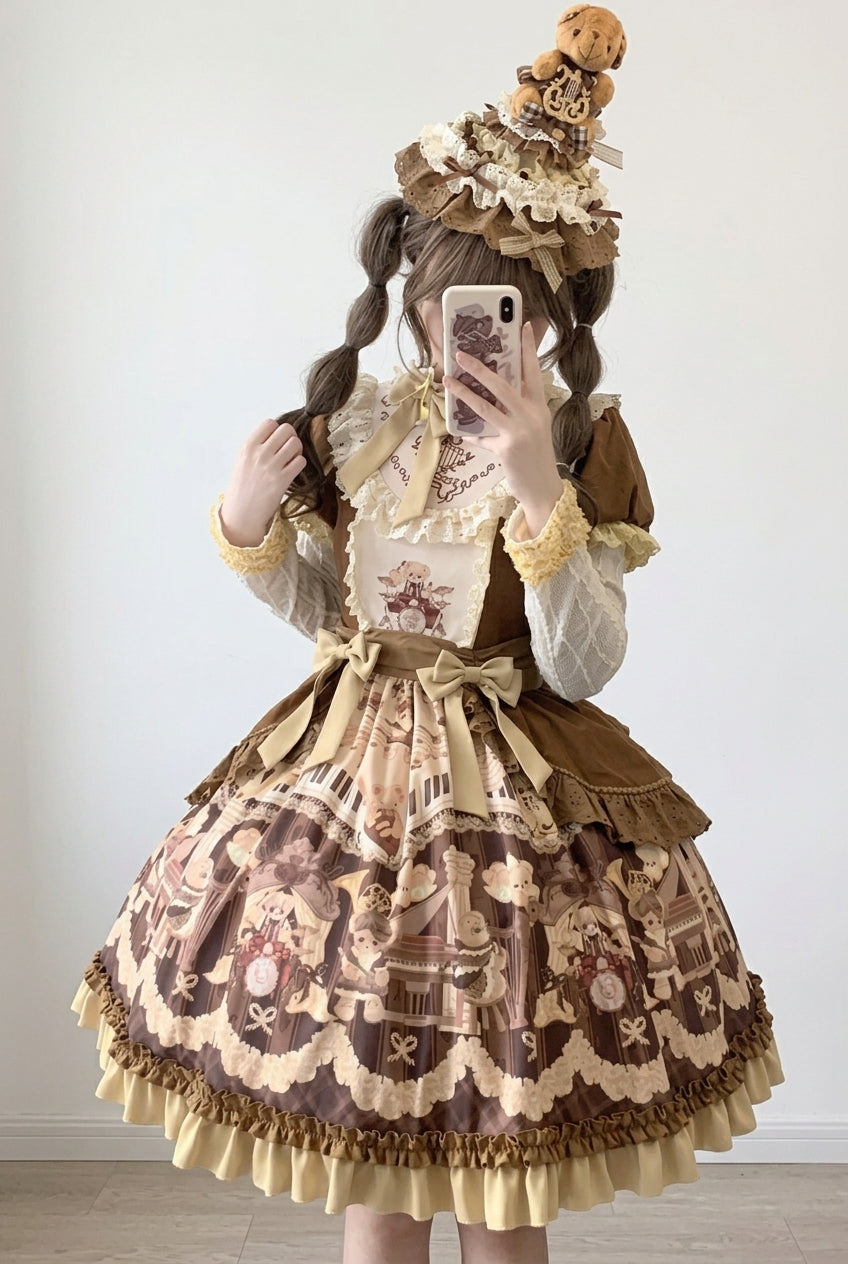 Brown Little Bear Concerto Print Ruffle Bowknot Sweet Princess Lolita Dress