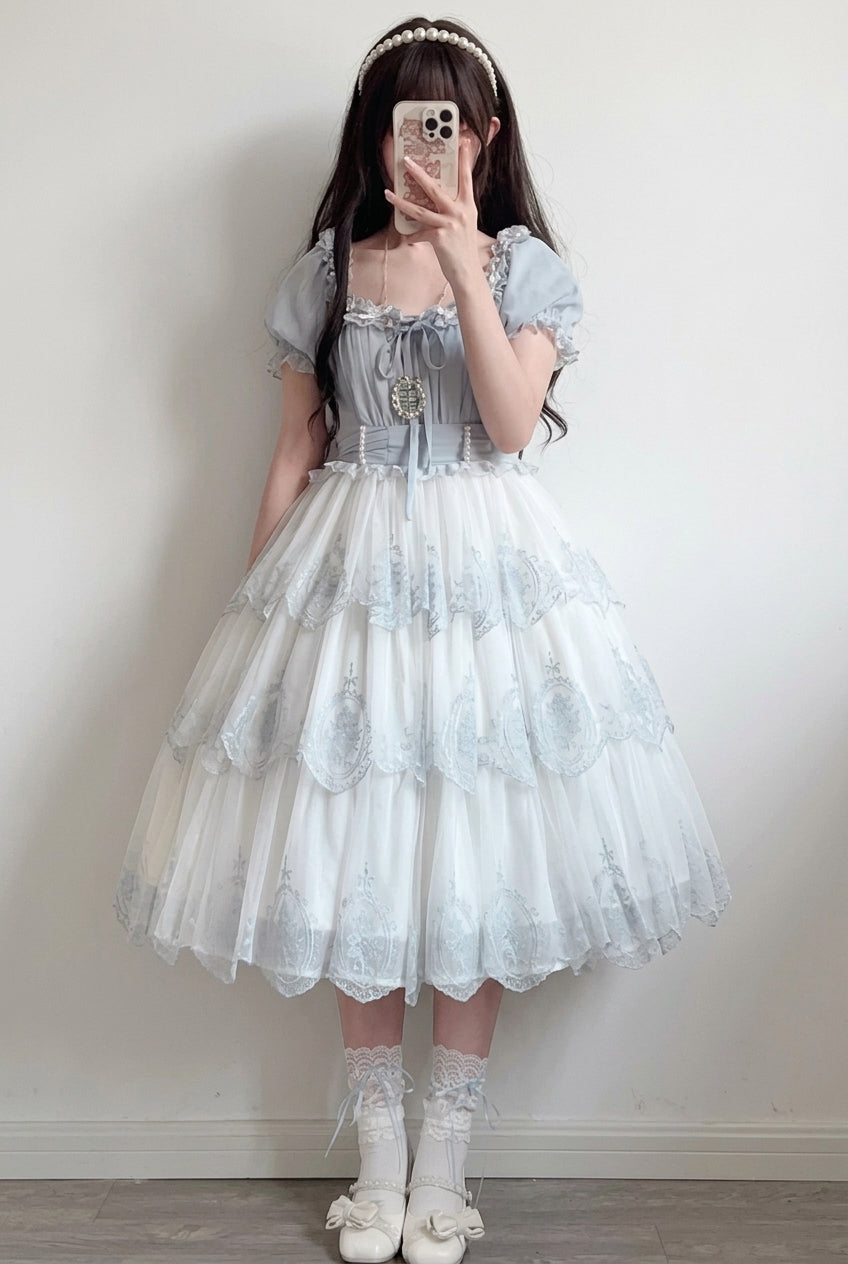 Light Blue Flower Promise Short Sleeves Multi-layer Print Sweet Elegant Princess Lolita Dress