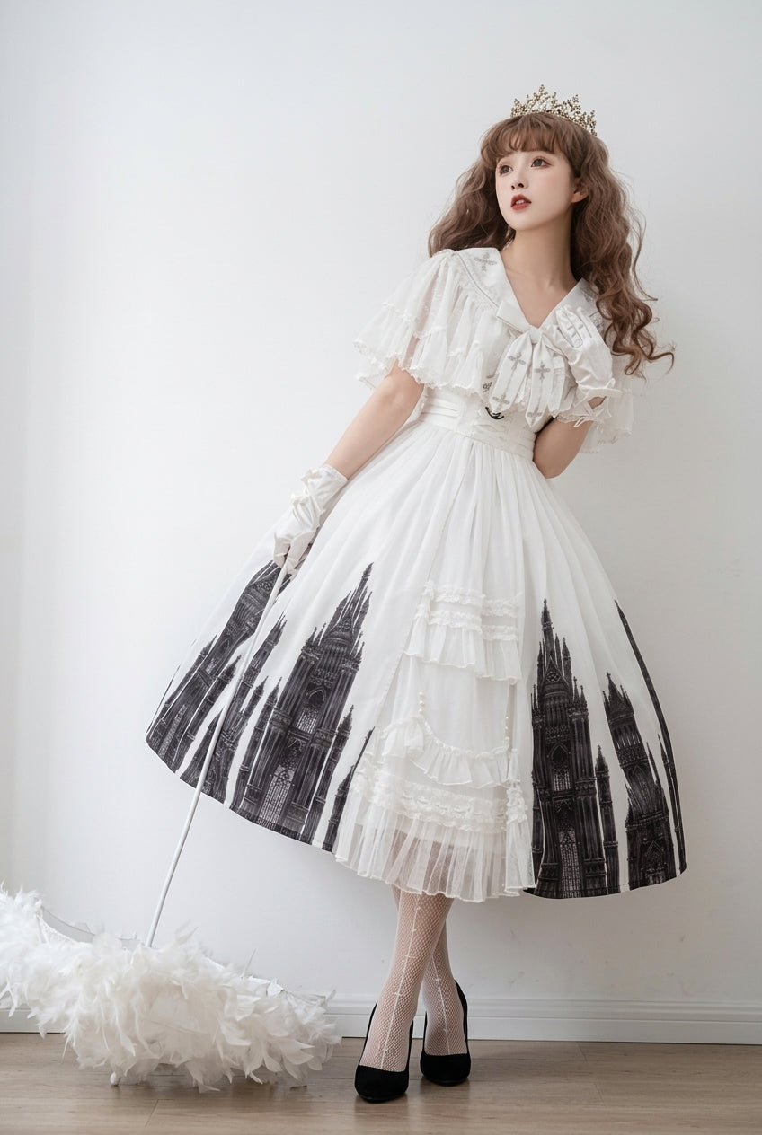 White Sleeveless Print Lace Gothic Vintage Princess Lolita Jsk Dress