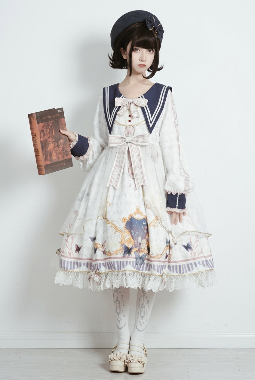 White Navy Collar Long Sleeves Butterfly Print Ruffle Bowknot Sweet Elegant Princess Lolita Dress