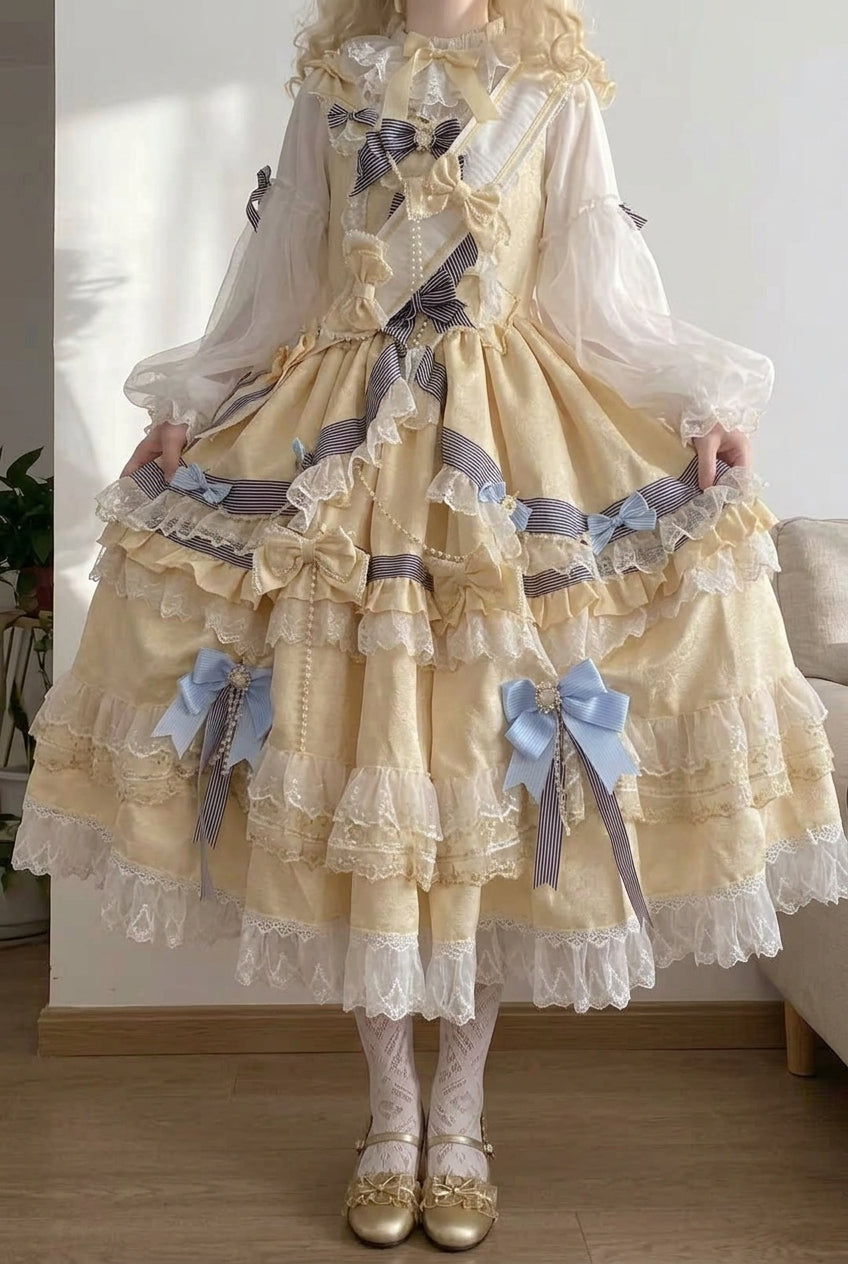 Gold Long Sleeves Multi-Layered Ruffle Bowknot Lace Sweet Princess Lolita Dress