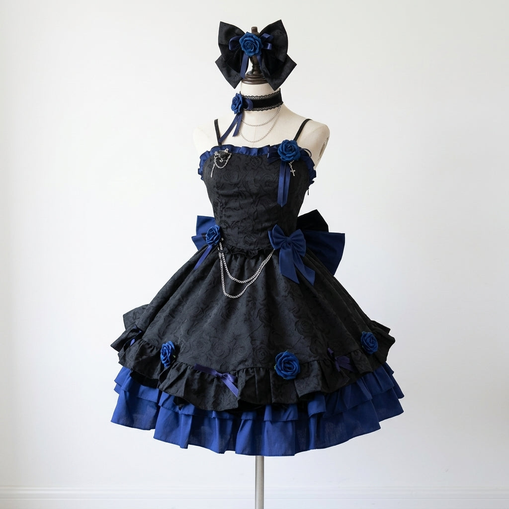 Black/Blue Print Ruffle Bowknot Gothic Princess Lolita Jsk Dress