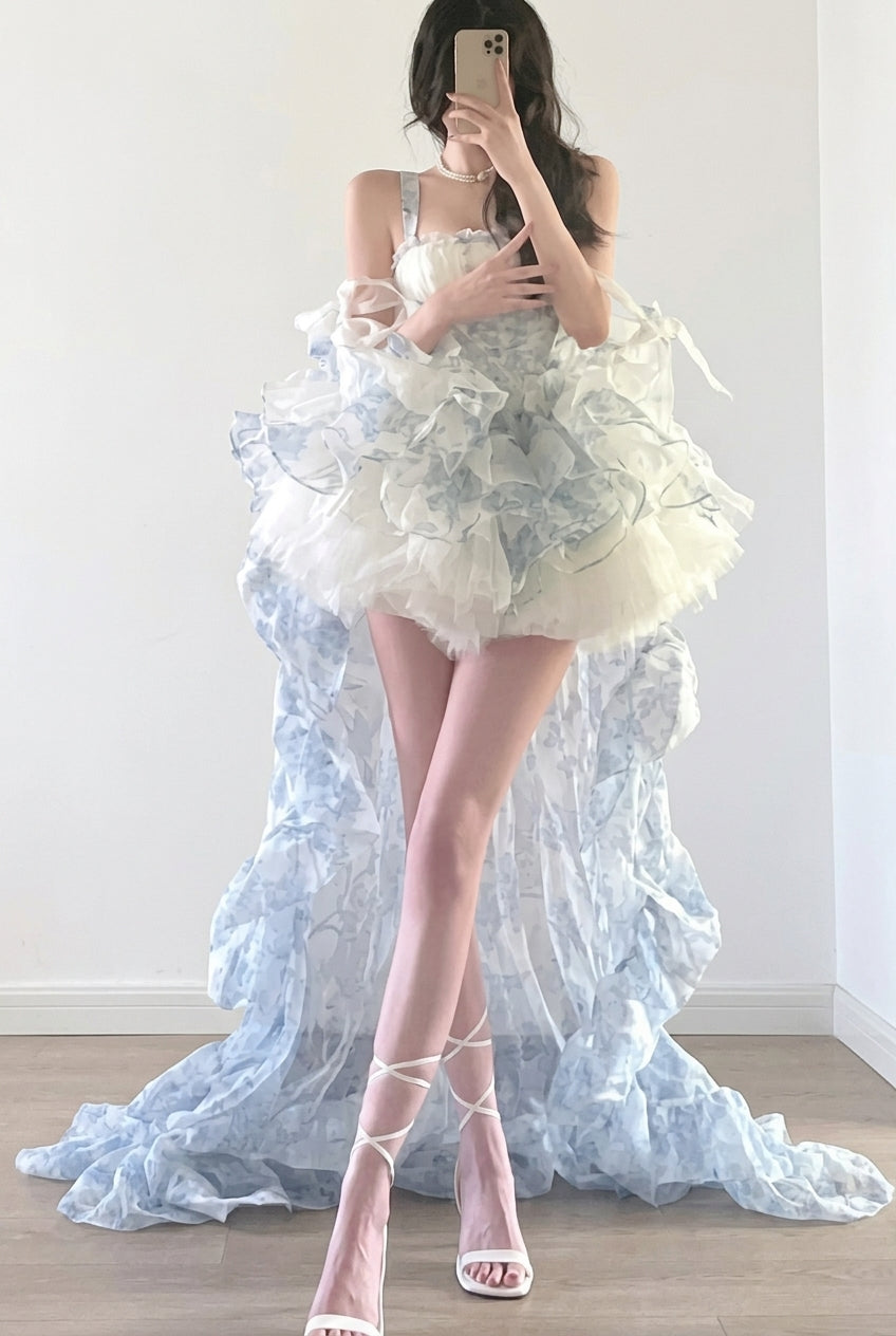Light Blue Floral Layered Ruffled High-Low Train Bow Sweet Princess Lolita JSK Dress