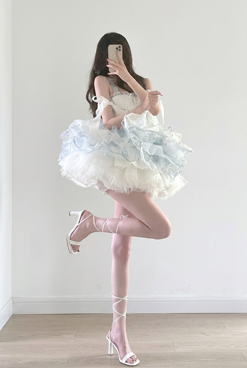 Light Blue Floral Layered Ruffled High-Low Train Bow Sweet Princess Lolita JSK Dress