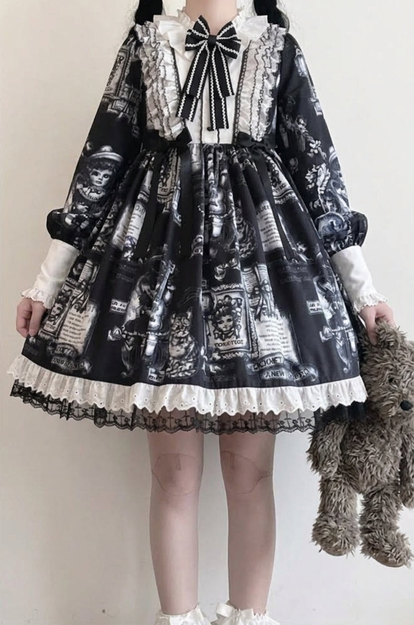 Black Antique Cat Print Long Sleeves Ruffle Bowknot Gothic Princess Lolita Dress