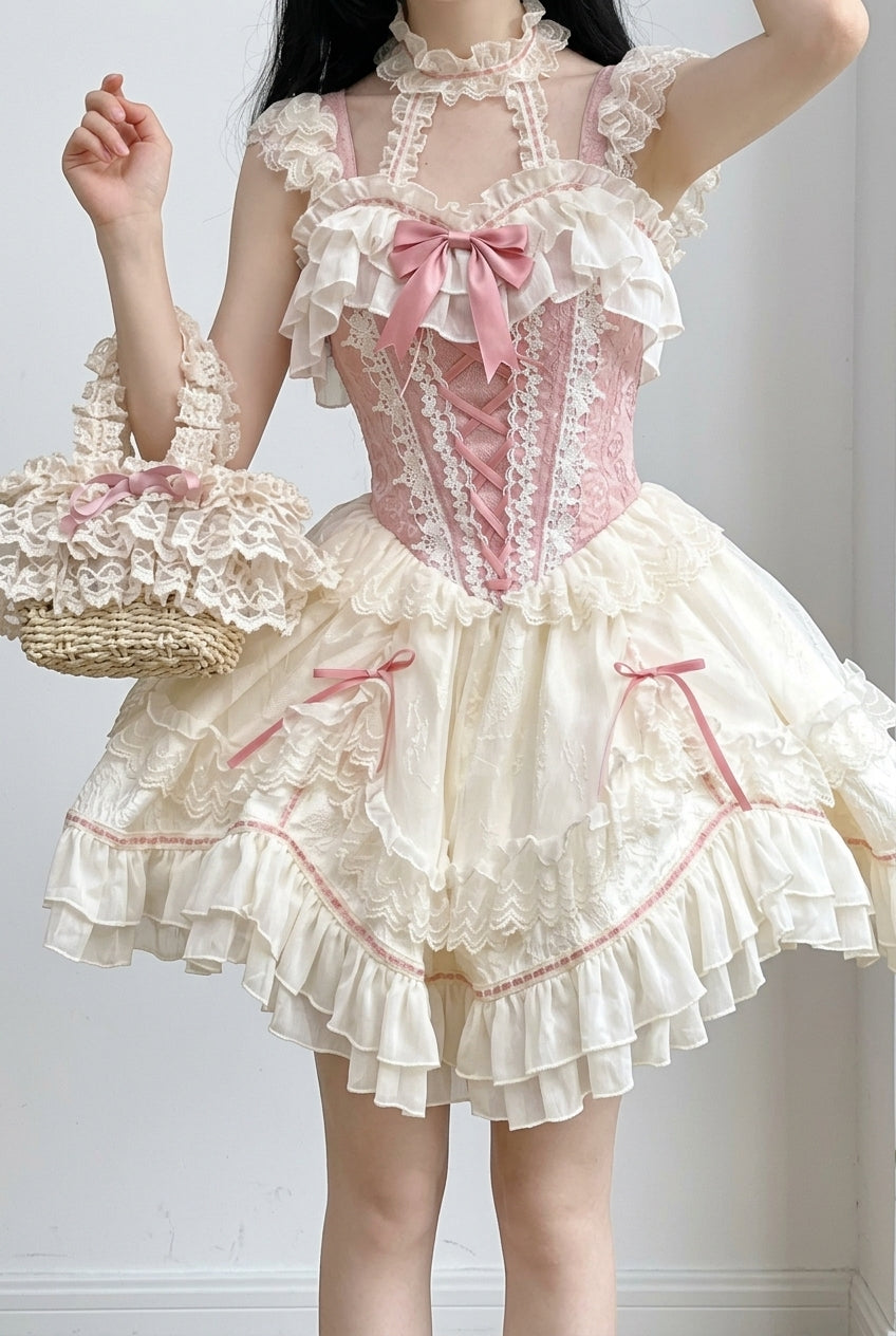 White/Pink Secret Garden Multi-layer Ruffle Bowknot Lace-Up Sweet Princess Lolita Jsk Dress
