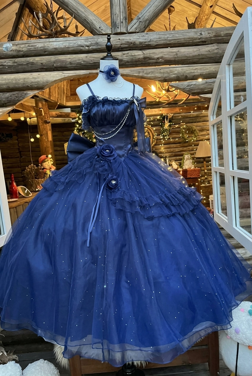 Blue Bright Stars Off Shoulder Ruffle Bowknot Asymmetric Sweet Elegant Princess Lolita Dress
