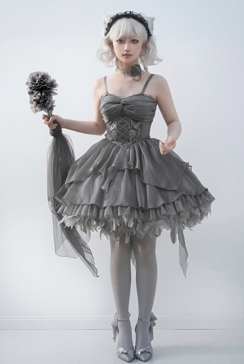 Silver Gray Ruffle Bowknot Peninsula Iron Box Ballet Sweet Elegant Princess Lolita Jsk Dress