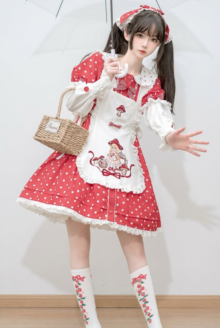 Red/White Doll Collar Short Sleeves Mushroom Princess Print Polka Dots Ruffle Sweet Lolita Dress