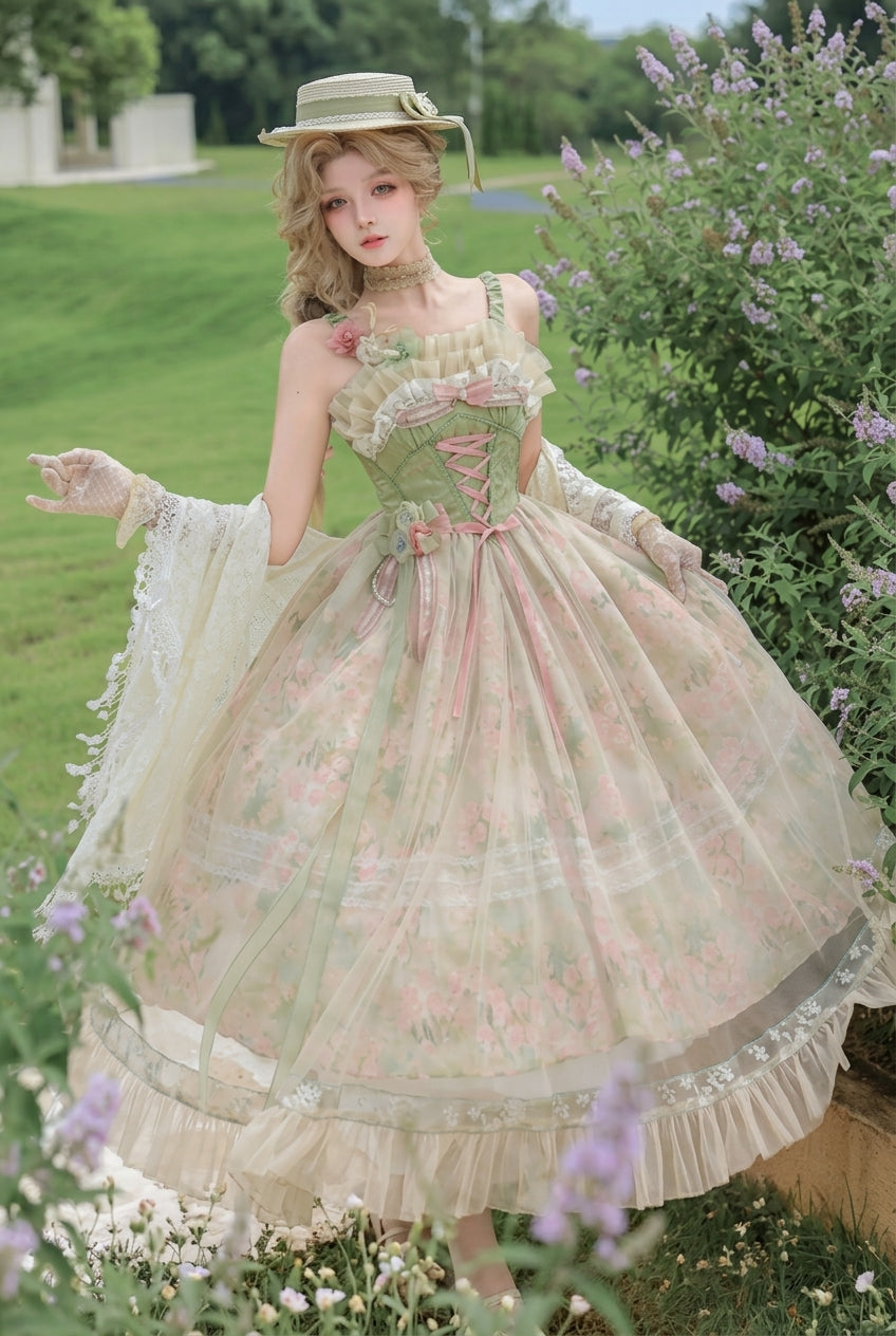 Green Floral Sleeveless Corset Ruffled Mesh Sweet Princess Vintage Lolita Jsk Dress