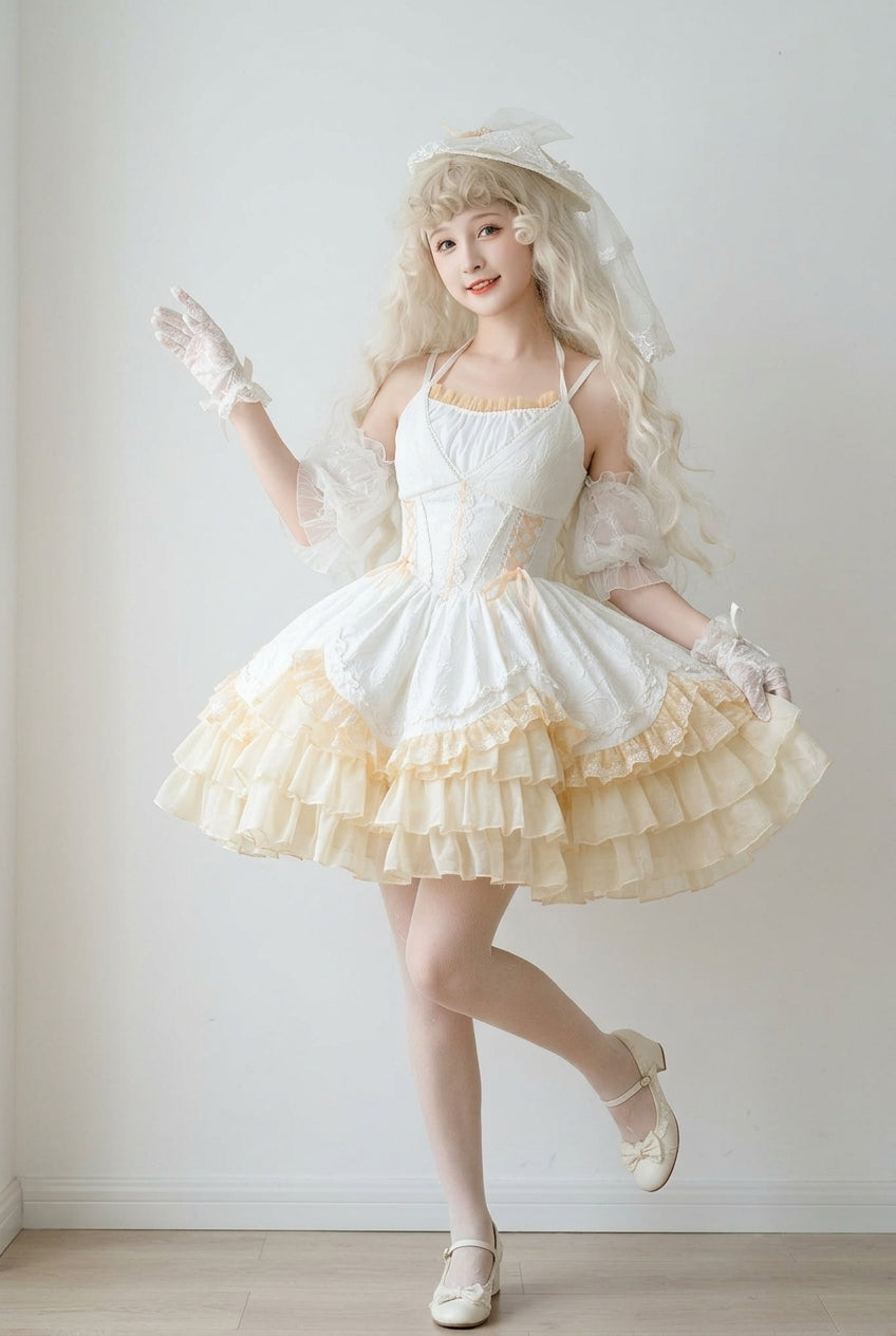 White Slim Ballet Style Multi-layer Ruffle Sweet Elegant Princess Lolita Jsk Dress