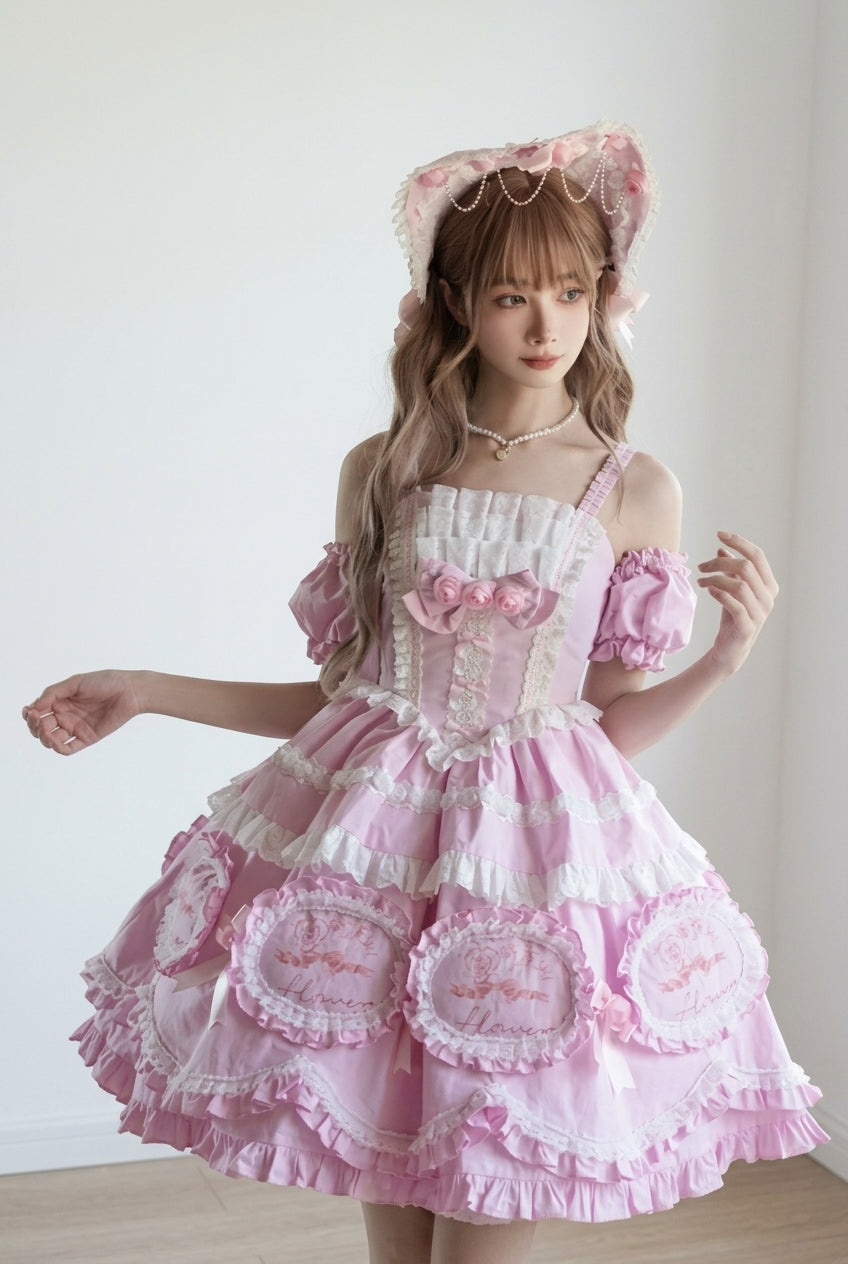 Pink Butterfly Dream Multi-Layered Print Ruffle Bowknot Sweet Princess Lolita Jsk Dress