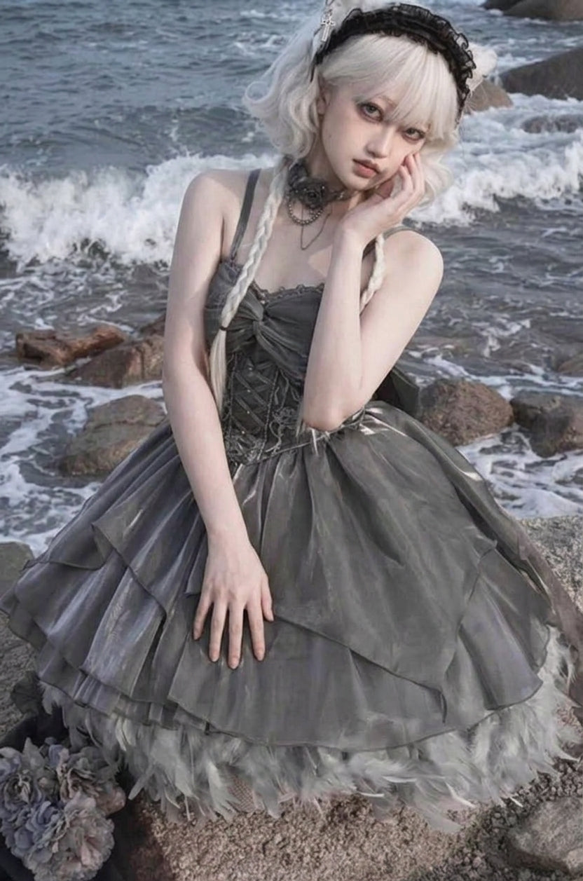 Silver Gray Ruffle Bowknot Peninsula Iron Box Ballet Sweet Elegant Princess Lolita Jsk Dress
