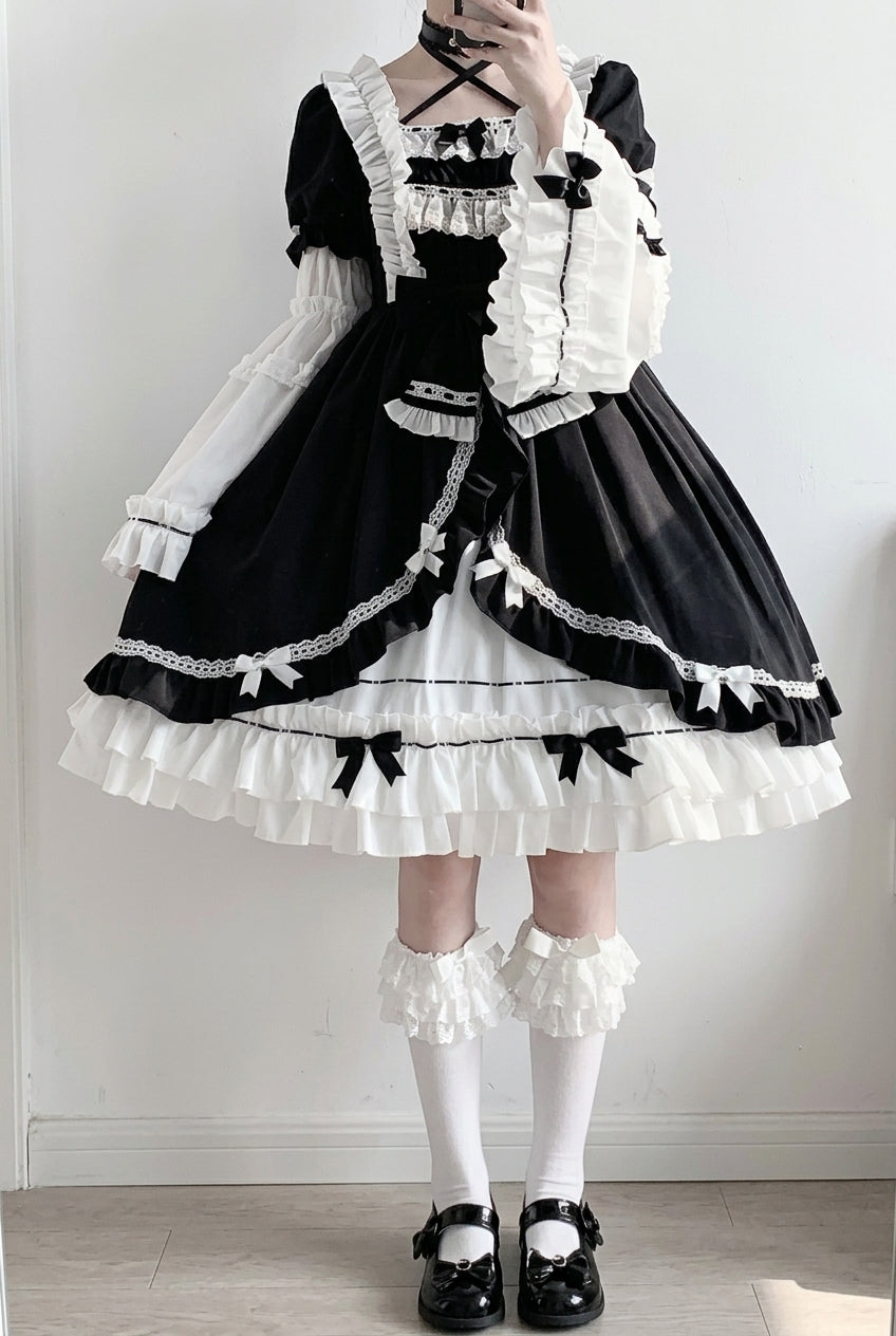 White/Black Hime Sleeves Multi-layer Ruffle Cardigan Bowknot Gothic Princess Lolita Dress