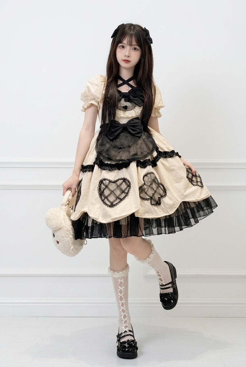 Ivory Short Sleeves Multi-layer Ruffle Bowknot Sweet Princess Lolita Dress