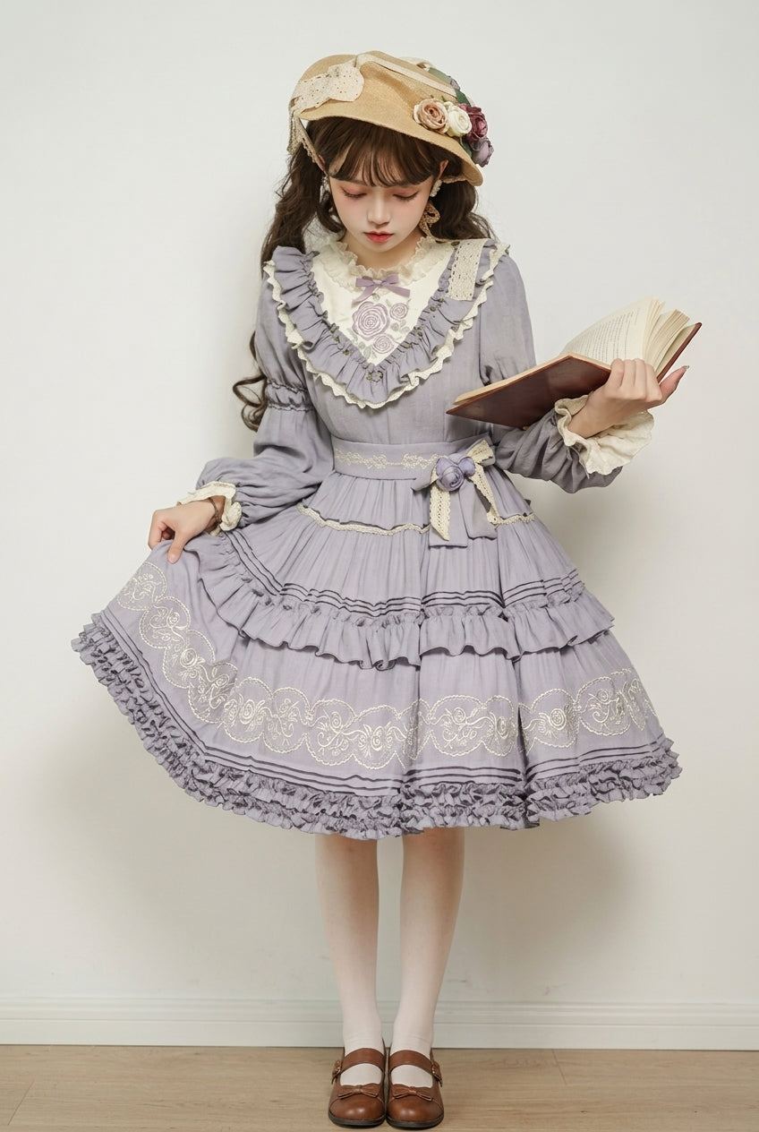Thorn Rose Long Sleeves Ruffle Bowknot Sweet Princess Lolita Dress 2 Colors