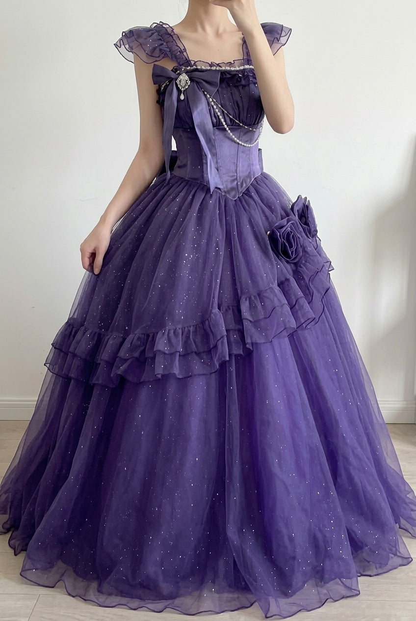 Purple Bright Stars Off Shoulder Ruffle Bowknot Asymmetric Sweet Elegant Princess Lolita Dress