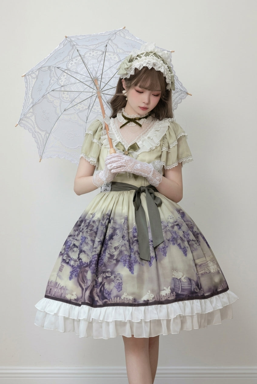 Multi-Color Short Sleeves Vineyard Print Ruffle Bowknot Sweet Princess Lolita Dress
